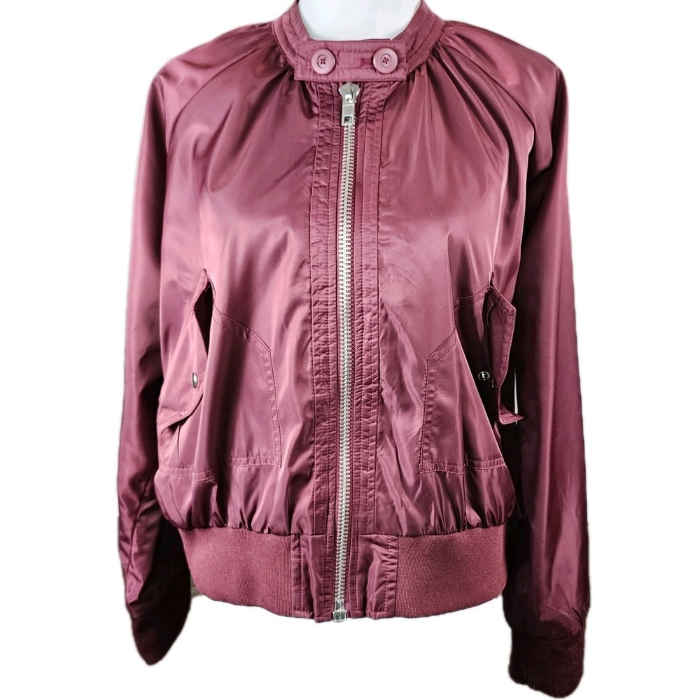 Free People Midnight Bomber Jacket Medium Oxblood Burgundy Satin Pockets Casual‎
